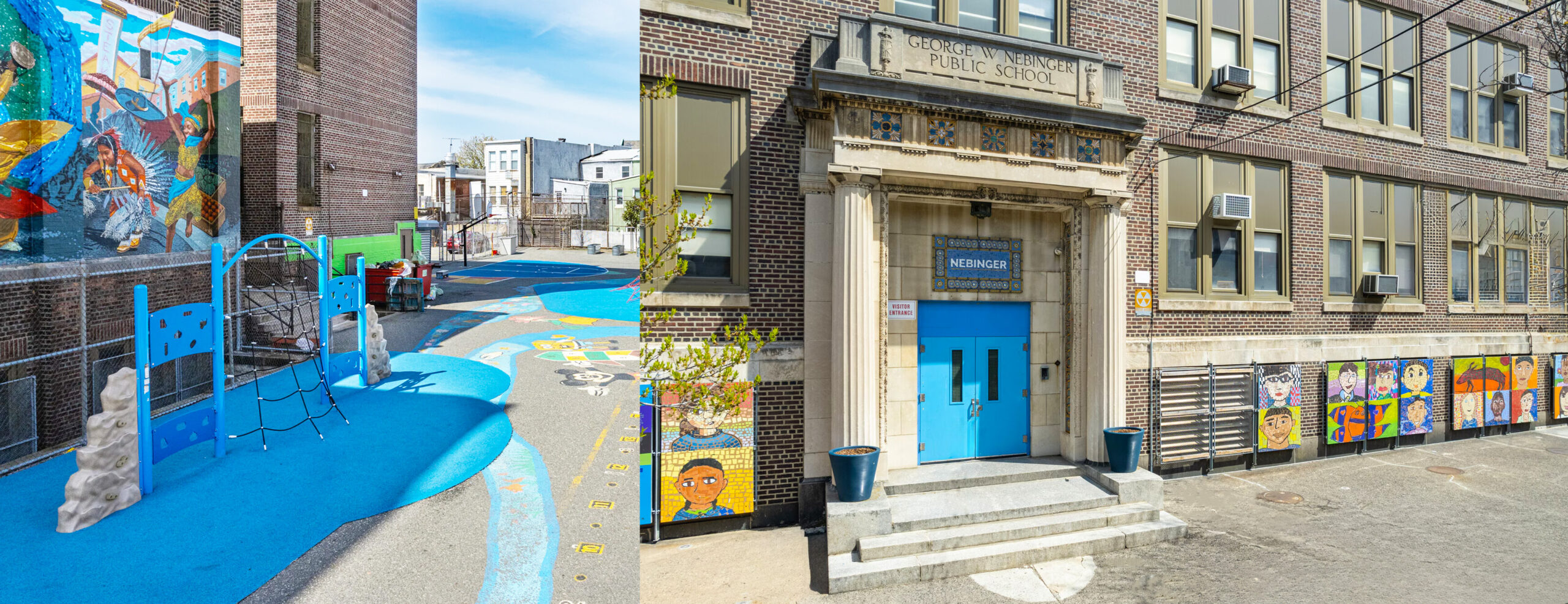 George W. Nebinger School Exterior Exterior view of George W. Nebinger School in Philadelphia featuring the main entrance, colorful student artwork, murals, and a vibrant outdoor play area beside the school building.