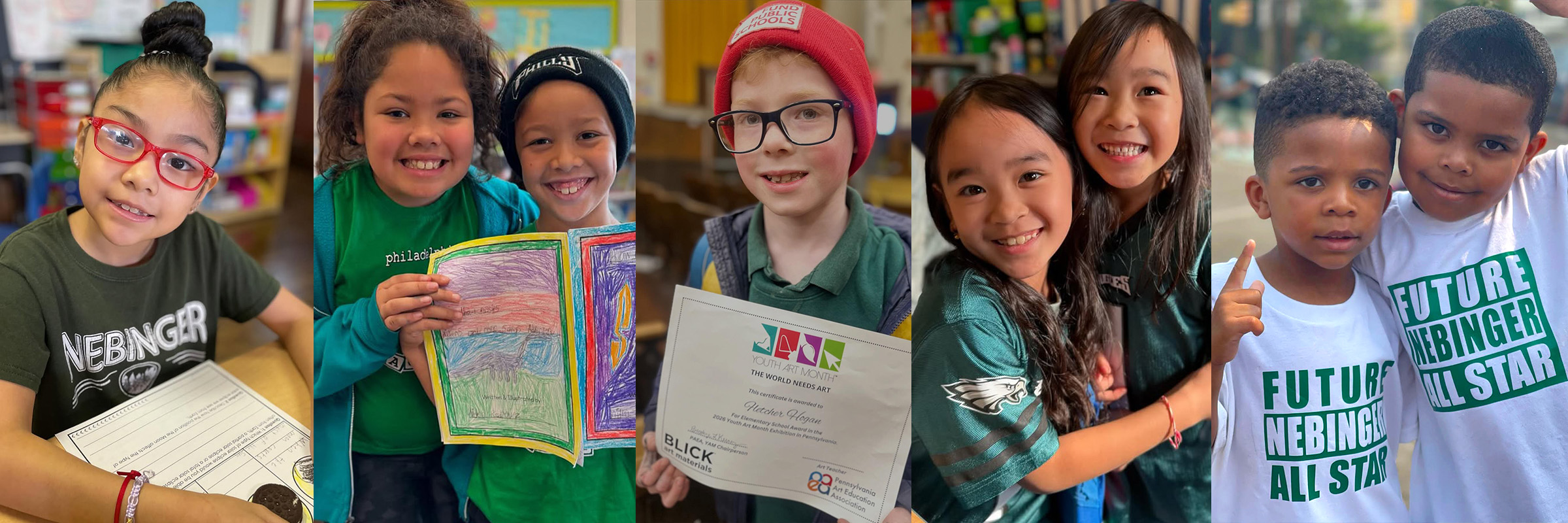 Collage of smiling students at George W. Nebinger School in Philadelphia participating in classroom activities, showing artwork, celebrating achievements, and wearing school spirit apparel.