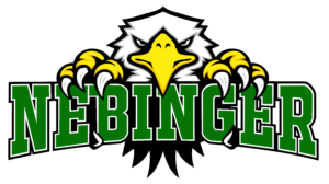 George W. Nebinger School Eagle Logo Illustrated George W. Nebinger School logo featuring a fierce eagle mascot with yellow beak and talons perched above bold green “NEBINGER” lettering on a black background.